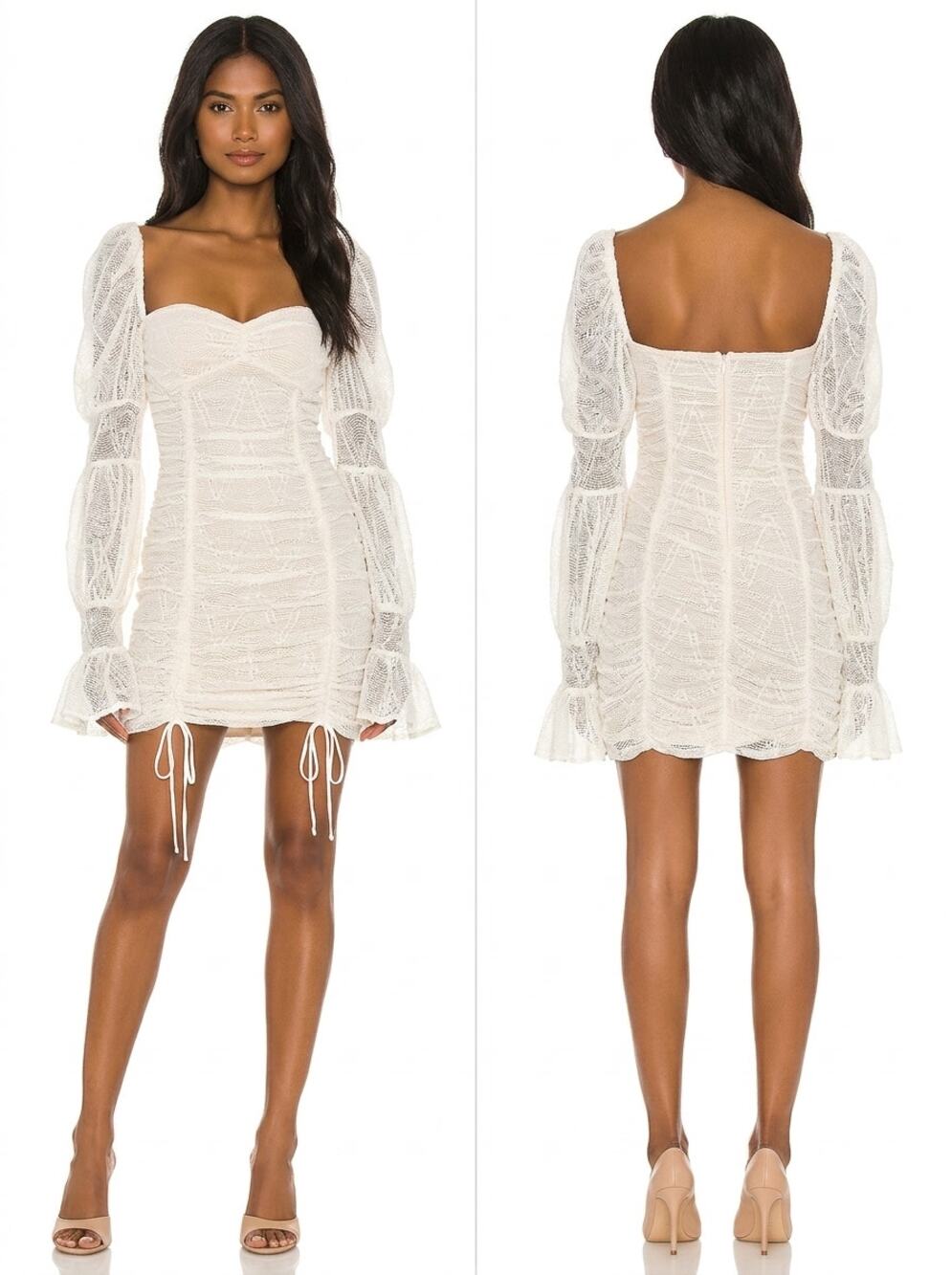 Michael Costello Revolve White Ruched Lace Bodycon Mini Dress Women Size M